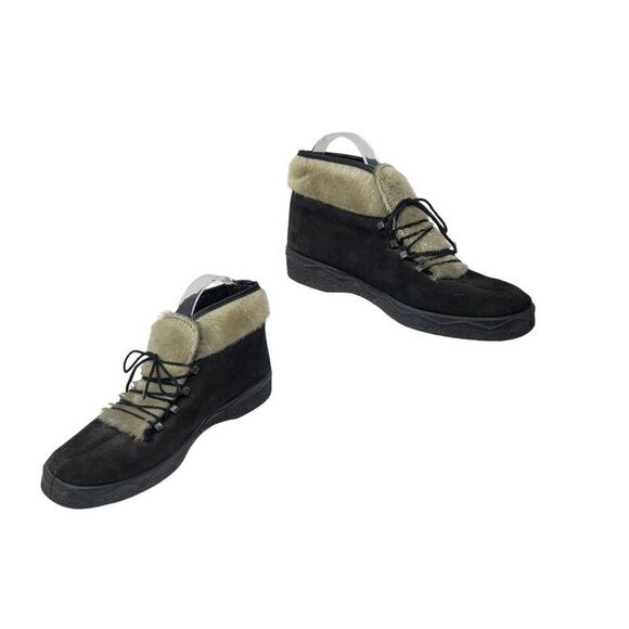 Vtg Womens Italian Black Suede Faux Fur Snow Boots Sz 8 Lace Up Ankle Booties - Picture 1 of 9